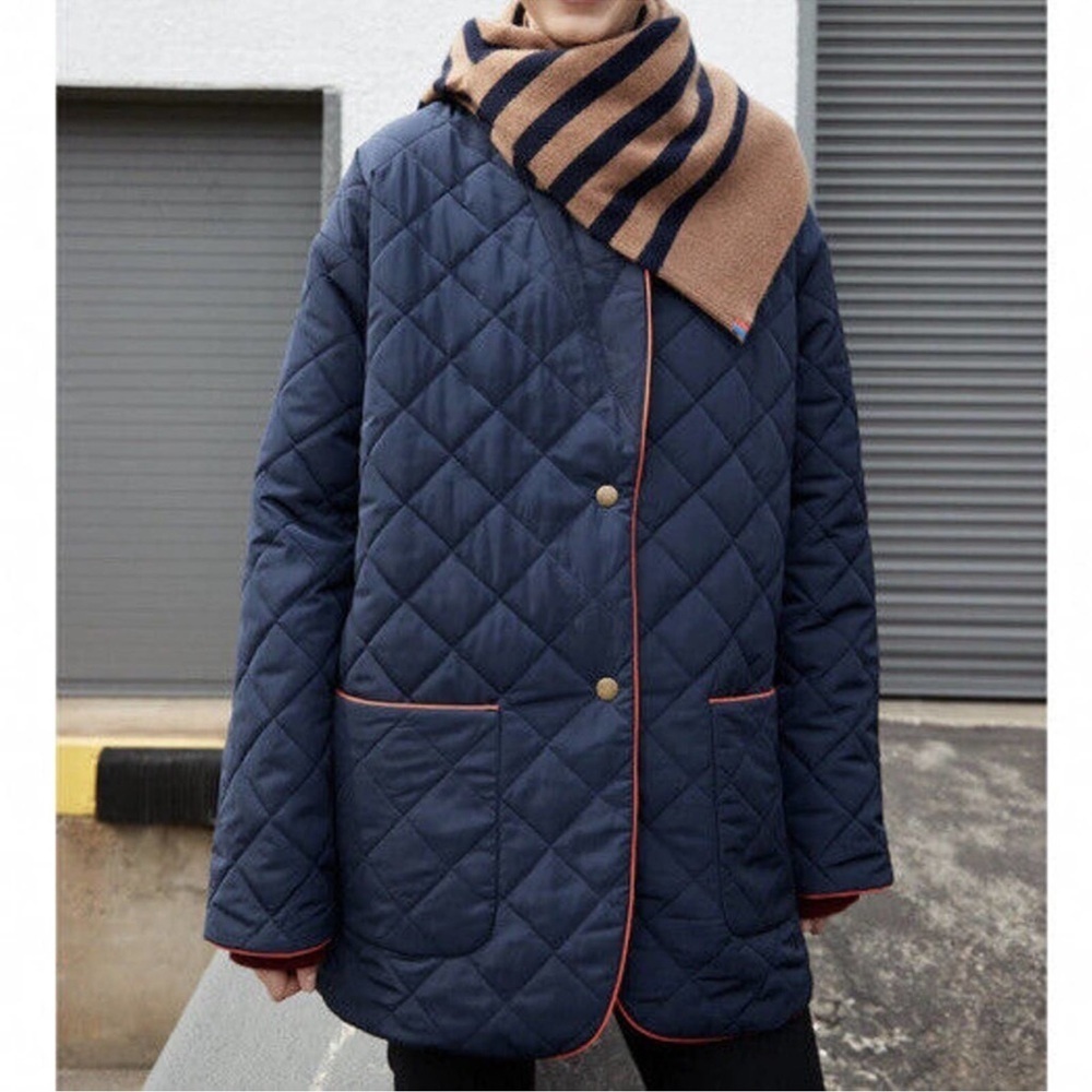 Kule The Connery Quilted Jacket Size Small Oversized Red Piping Brass Snap Coat